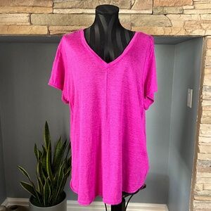 Linen Coastal TAHARI Oversized Relaxed V Neck Tee Shirt Casual Vibrant Pink 1X